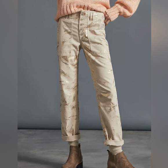 Anthropologie Wanderer Tan Metallic Gold Utility Button Fly Pocket Pants Size 30 - Picture 2 of 8